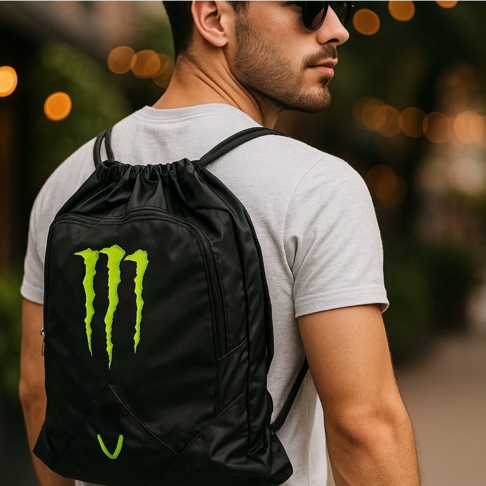 New Monster Energy Drink Drawstring Bag w Black Cap + Keychain - Picture 2 of 13